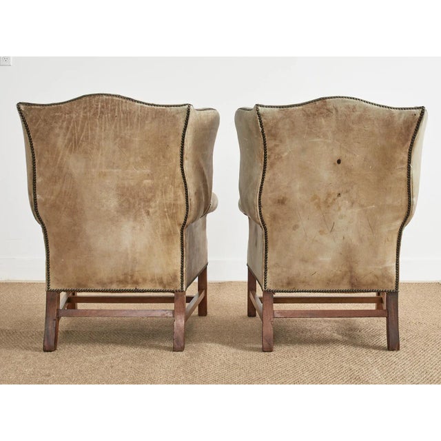 Pair of English Georgian Cigar Leather Wingback Library Chairs For Sale - Image 12 of 13