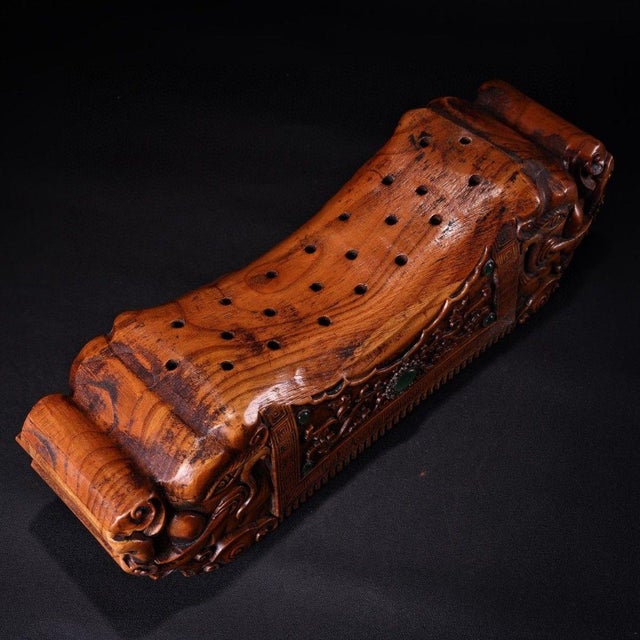 Vintage Chinese Boxwood Carved Beast Head Pillow With Gem Inlay - 750g For Sale In Los Angeles - Image 6 of 9