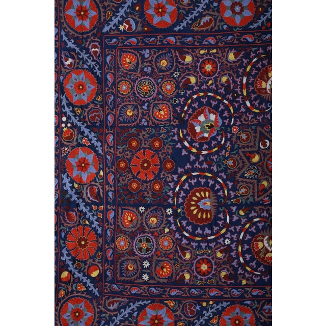 1960s Silk Suzani Wall Decor - Blue Uzbek Embroidery Bedspread For Sale - Image 5 of 11