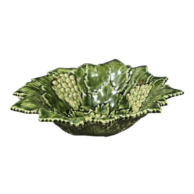 Green Vintage Portuguese Majolica Pottery Serving Bowl Platter Grape Leaves Grapes For Sale - Image 8 of 8