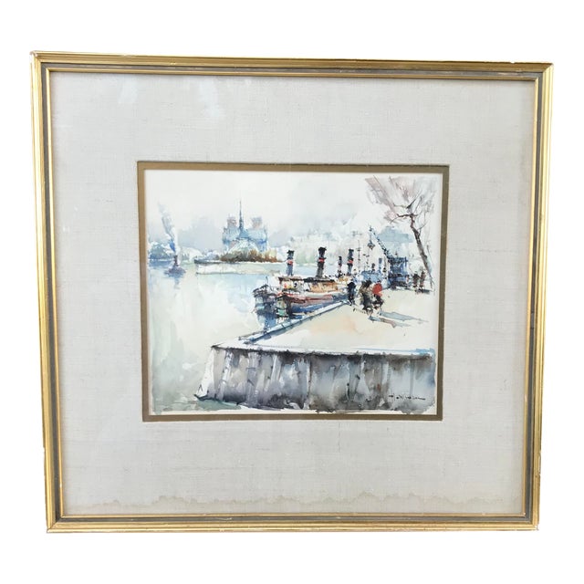 French Signed Watercolor Painting For Sale