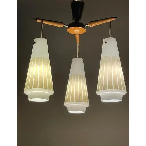 Mid-Century Modern Ceiling Lamp in Beech and Frosted Glass For Sale - Image 4 of 8