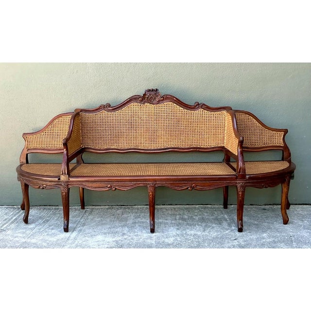 Early 20th Century Vintage Carved Wood and Cane Settee For Sale - Image 5 of 12
