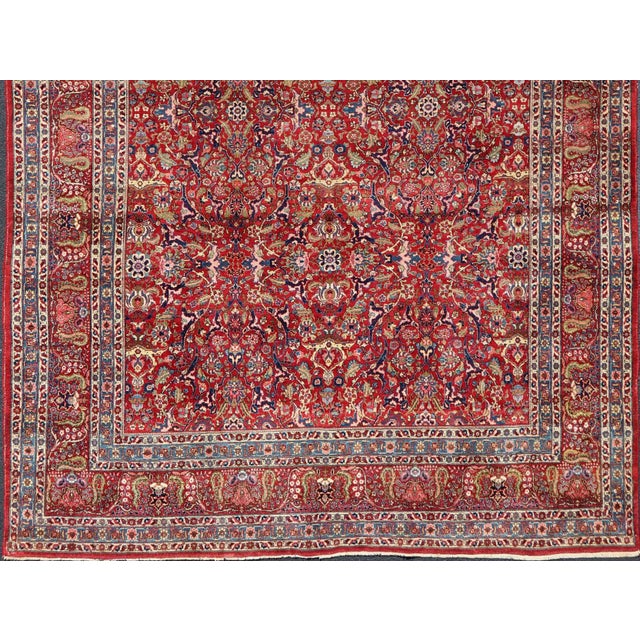 Large Antique Persian Fine Weave Tabriz in Red Background & Light Blue Guard Borders. For Sale - Image 4 of 13