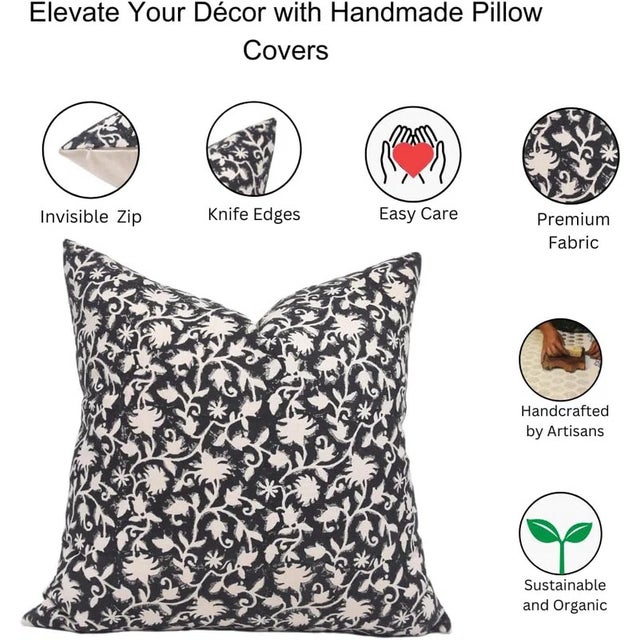 Fabdivine Floral Block Print Pillow Cover 22x22 Inch Duck Canvas-Pushpa Varsha For Sale - Image 4 of 4
