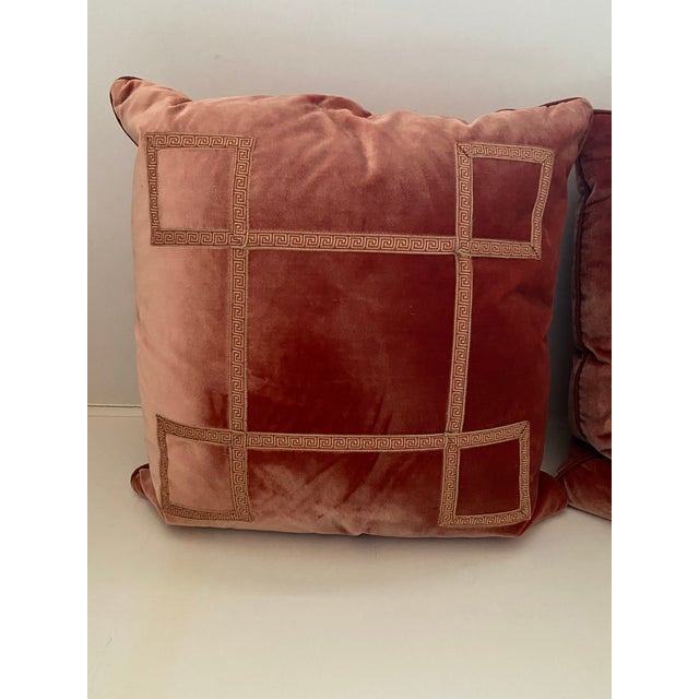 Pair of Clarence House Terracotta Silk Velvet 18" Down Cushions Greek Key Trim For Sale - Image 4 of 4