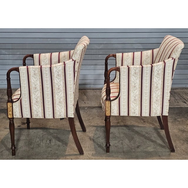 Late 20th Century Pair of Southwood Sheraton Tub Arm Chair Mahogany Frame Burl Maple Inlays Silk Fabric For Sale - Image 9 of 12