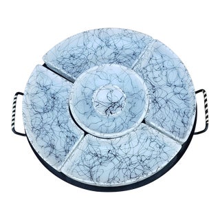 Vintage 1950s Atomic Age Spaghetti/Squiggle Glass Black on White Milk Glass Lazy Susan Set For Sale