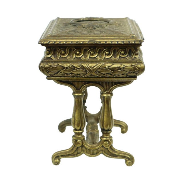 Antique and beautiful French jewelry box, very heavy, made of patinated copper-plated metal, in the shape of a table, with...