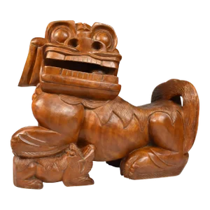 Large Hand Carved Wood Chinees Dragon Imperial Guardian Lion Statue Sculpture