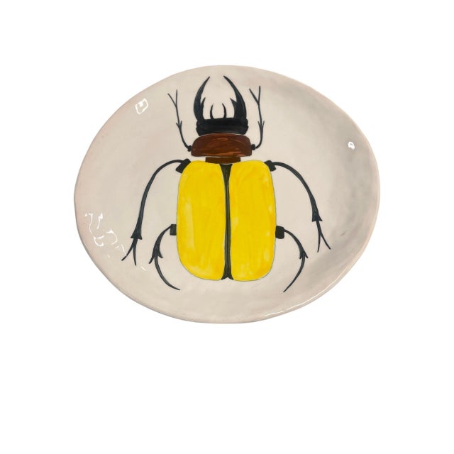 Vintage Hand-Painted Ceramic Hercules Beetle Decorative Plate For Sale - Image 4 of 12