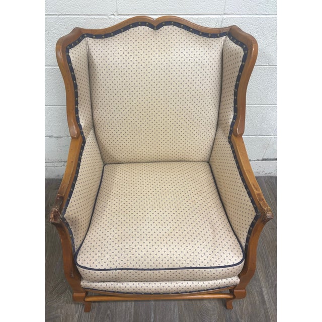 Mid 20th Century Vintage Country French Fruitwood Upholstered Wingback Chair For Sale - Image 5 of 10