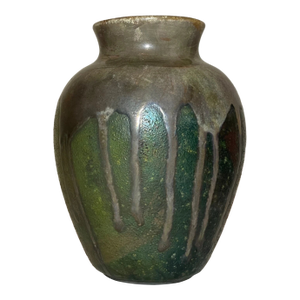Vintage Handmade Raku Green Iridescent Drip Glaze Signed Blackware Pottery Vase
