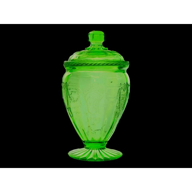 Rare Anchor Hocking Cameo, also known as Ballerina or Dancing Girl, footed covered candy jar in luminous green uranium...