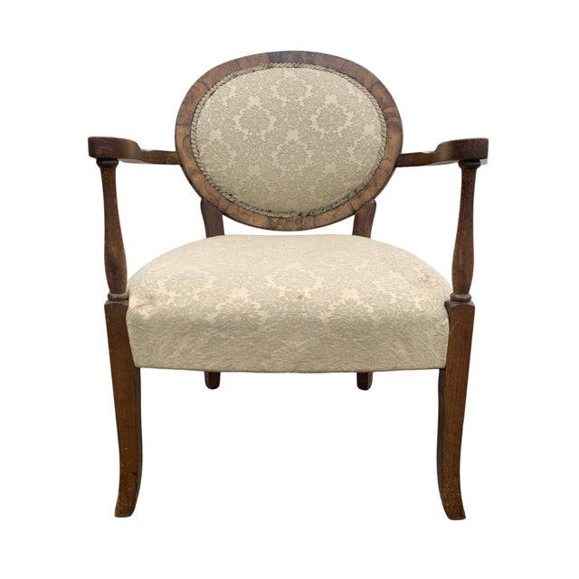 Art Deco Walnut Spoonback Open Frame Armchair with Cream Damask Upholstery For Sale - Image 3 of 11