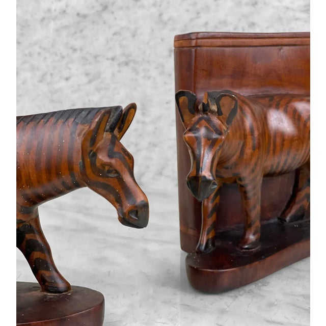 Vintage African Mahogany Carved Figural Zebra Library Bookends - a Pair For Sale - Image 6 of 9