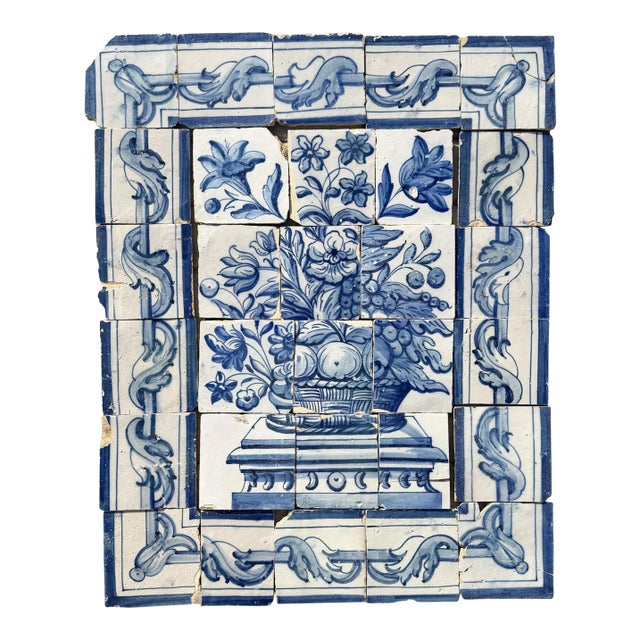 Antique 18th Century Portuguese Blue & White Abundance Basket Tile Panel For Sale