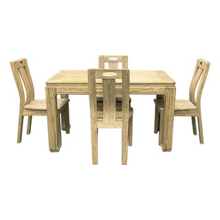 Oriental Light Wood Rough Grain Rectangular Dining Table 4 Chairs Set For Sale