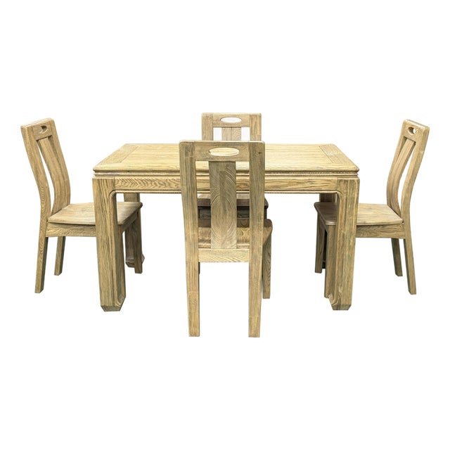 Oriental Light Wood Rough Grain Rectangular Dining Table 4 Chairs Set For Sale