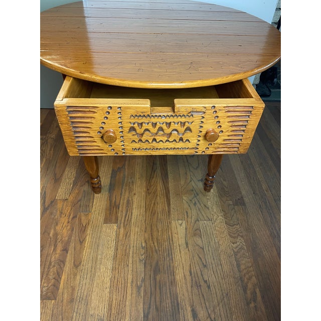 Late 20th Century Late 20th Century Hand-Carved Rustic Folk Art Side Table With Drawer – Solid Wood, 35.5″ Round For Sale - Image 5 of 11