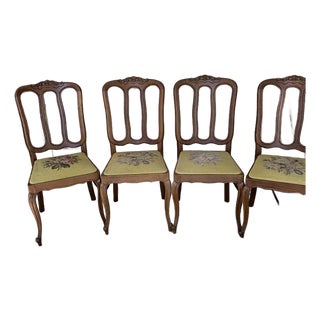 Vintage Solid Oak French Provincial Style Needlepoint Chairs - Set of 4 For Sale
