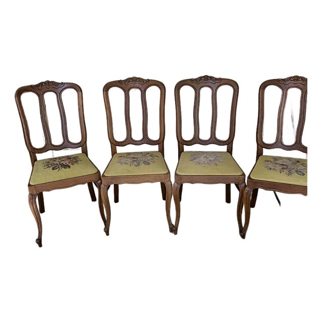 Vintage Solid Oak French Provincial Style Needlepoint Chairs - Set of 4 For Sale