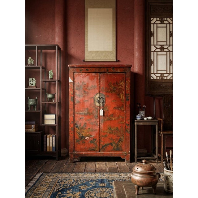 Early 19th Century Early 19th Century Hand Painted Red Lacquer Cabinet For Sale - Image 5 of 7