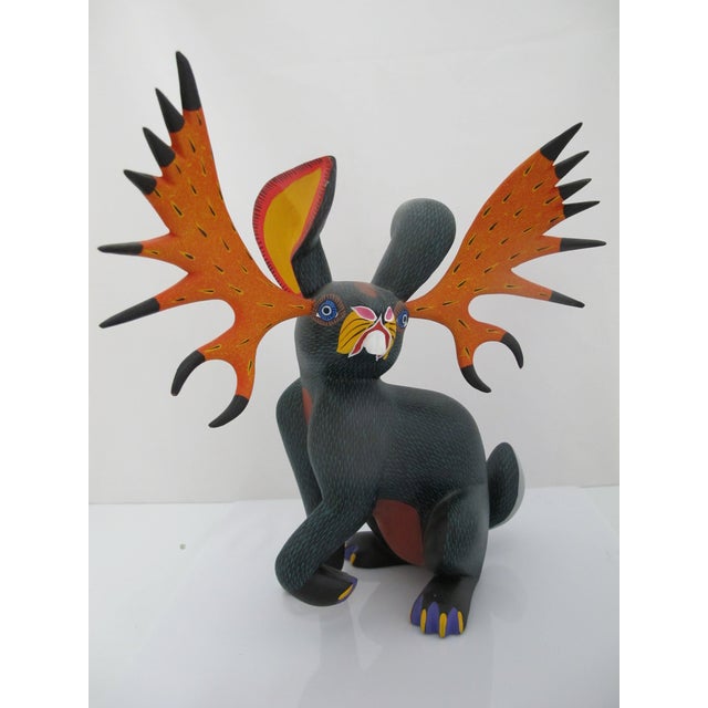 Mexican Alebrije Carved Wood Jackalope Rabbit Oaxaca Mexico Folk Art Figurine Sculpture For Sale - Image 3 of 17