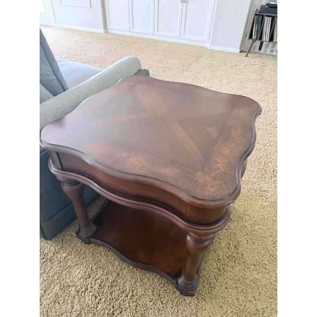 Late 20th Century Late 20th Century Pair of Ornate Two-Tier Square Side Tables – Scalloped Parquet Top For Sale - Image 5 of 9