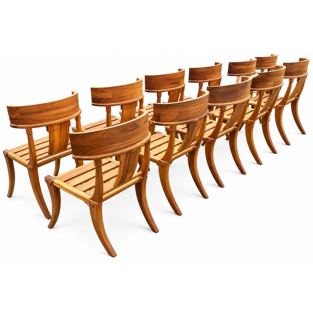 Brown Teak Klismos Patio Dining Chairs. - Set of 12 For Sale - Image 8 of 11