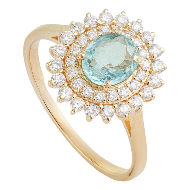 14k Yellow Gold 1.18 Ct Oval Paraiba Tourmaline & Diamond Double Halo Ring Size 7 For Sale