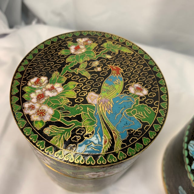 Metal Vintage Chinese Cloisonné Trinket Box Trio – Black Enamel & Floral For Sale - Image 7 of 9