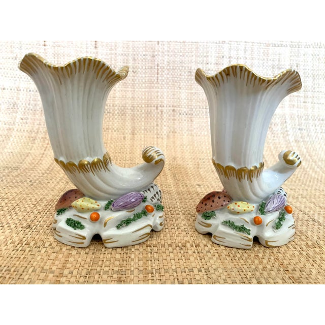 French Italian Porcelain Cornucopia Vases With Shells - a Pair For Sale - Image 3 of 7
