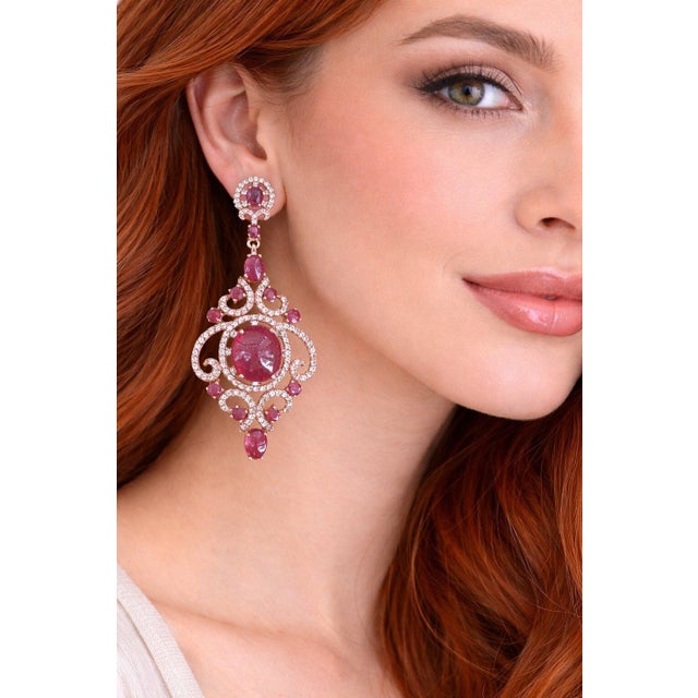Gemstone Bochic “Capri” Vintage Ruby & White Topaz Earrings Set In 18K Gold & Silver For Sale - Image 7 of 10
