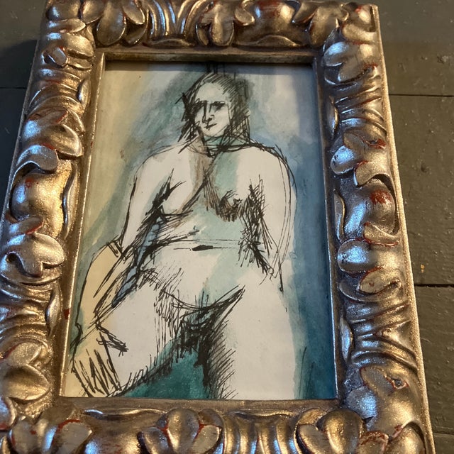 Original 4 x 6 ink drawing on paper heightened with watercolor unsigned Overall size with tabletop frame (damage to paper...