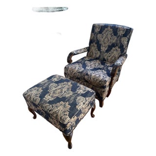 Late 20th Century Traditional Blue & Khaki Damask Armchair and Matching Footstool Set For Sale