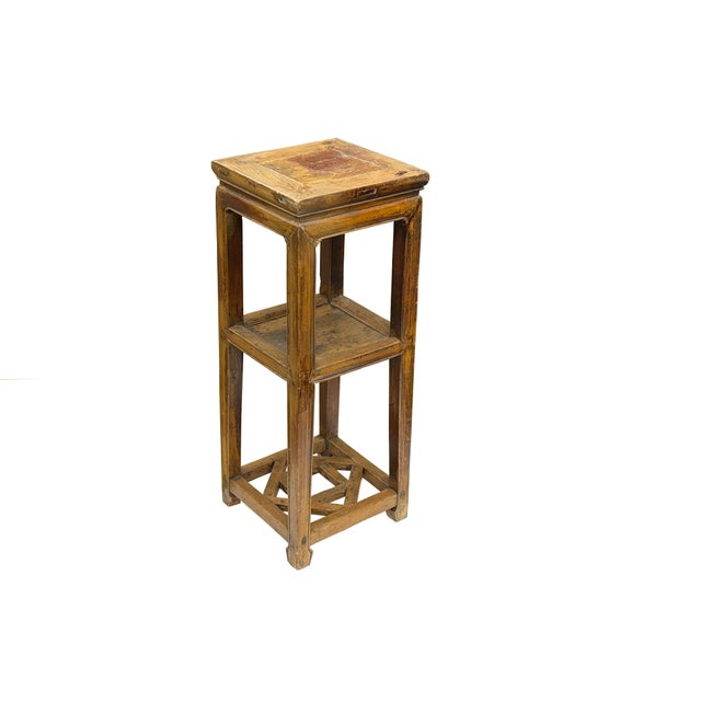 Rustic Vintage Patina Square Slim Wood Pedestal Display Stand Side Table For Sale - Image 3 of 10