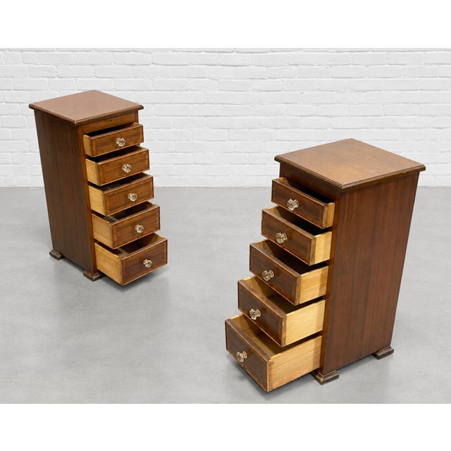 Pair of Federal Style Narrow Mahogany Dressers | 1920's Skinny Nightstands Glass Knobs For Sale - Image 11 of 12