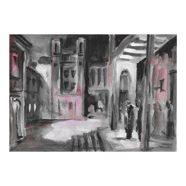 1950s Mid Century Street Scene Watercolor For Sale