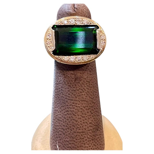 GIA Certified 11.72 Ct Green Tourmaline & Diamond Cocktail Ring 14K Yellow Gold For Sale - Image 17 of 18
