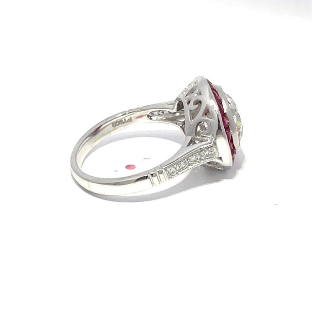 Vintage Platinum 3.17cts Old European Cut Diamond and 1.19cts Ruby Halo Ring, Size 6.5 For Sale - Image 4 of 12
