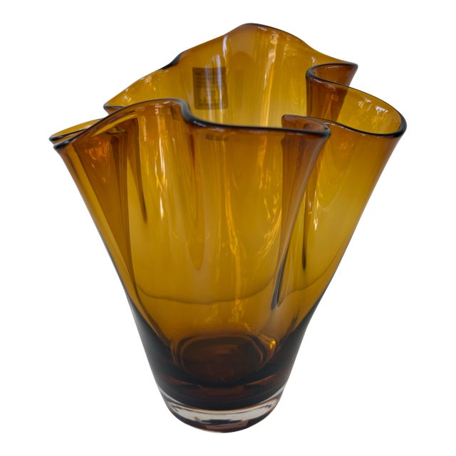 Polish Handblown Amber Artglass Freeform Rim Vase – 9.75” For Sale