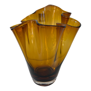 Polish Handblown Amber Artglass Freeform Rim Vase – 9.75”