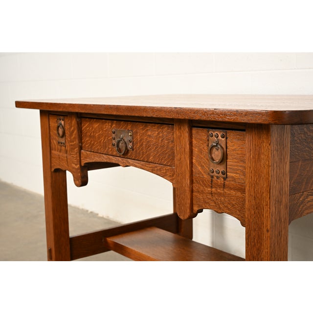 Stickley Brothers Style Antique Mission Oak Arts & Crafts Desk or Writing Table, Circa 1910 For Sale - Image 9 of 15