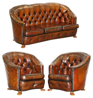 Brown Leather Curved Back Chesterfield Sofa & Armchairs with Lion Hairy Paw Feet, Set of 3