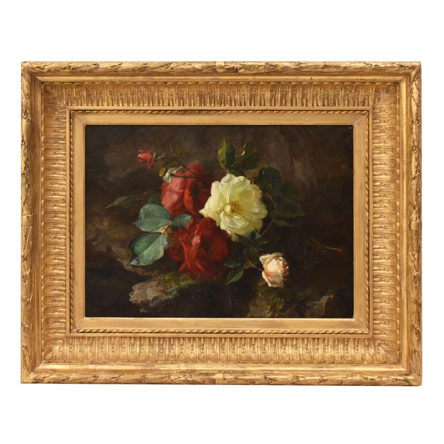 Jean-Marie Poy, Still Life Flowers Vase Red and White Roses, 1800s, Oil on Canvas For Sale - Image 11 of 11