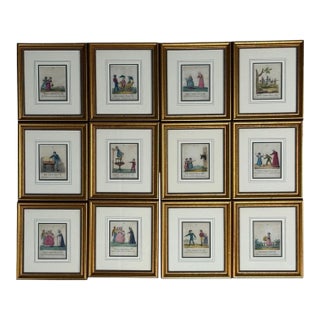 Twelve Copper Engravings, Hand Coloured, Gilt Frames, England, 1900s For Sale