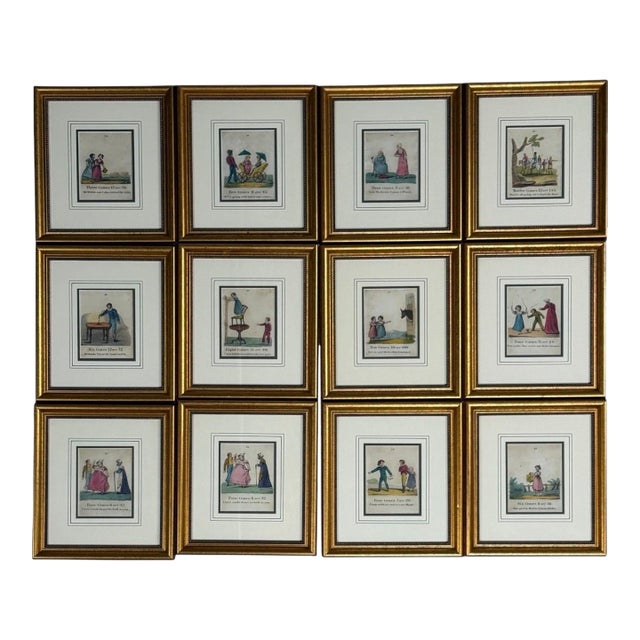 Twelve Copper Engravings, Hand Coloured, Gilt Frames, England, 1900s For Sale