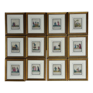 Twelve Copper Engravings, Hand Coloured, Gilt Frames, England, 1900s