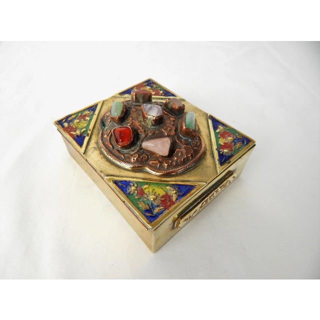 Brass Antique Chinese Brass Box With Semi-Precious Stones For Sale - Image 8 of 12